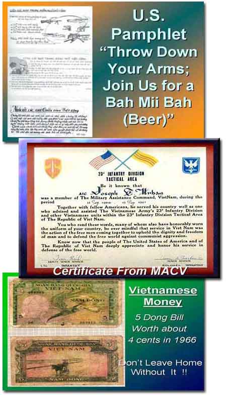 Pyramid & Camp Coryell, Ban Me Thuot; Propaganda Leaflet; MACV Certificate; SVN Money, a 5 Dong bill. 1966-1967.