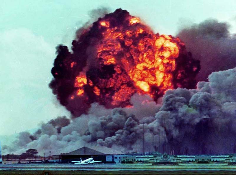 5. Da Nang AB: 366th TFW: Bomb Dump Explosions sent ringlets of shockwaves through the clouds and across the airbase. April 27-1969. [Peter Halferty photo].