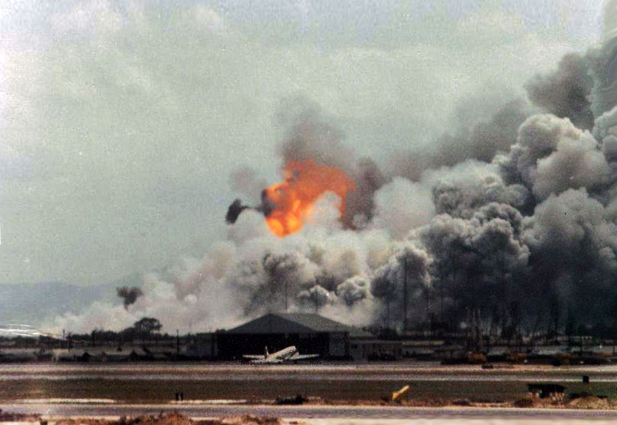 4. Da Nang AB: 366th TFW: Flightline view. Debris, shrapnel, and smoldering earth-clods rained down across the airbase. April 27-1969. [Peter Halferty photo]. 