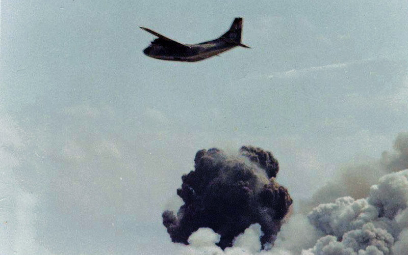 8. Da Nang AB: 366th TFW: C-123 getting out of Rocket City. April 27-1969. [Peter Halferty photo].