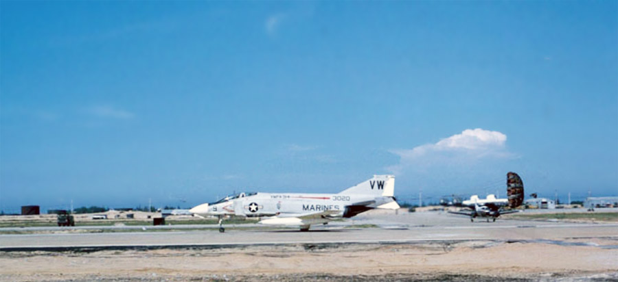 Da Nang Airbase, USMC F-4 Phantom taxiing with drag-chute. 