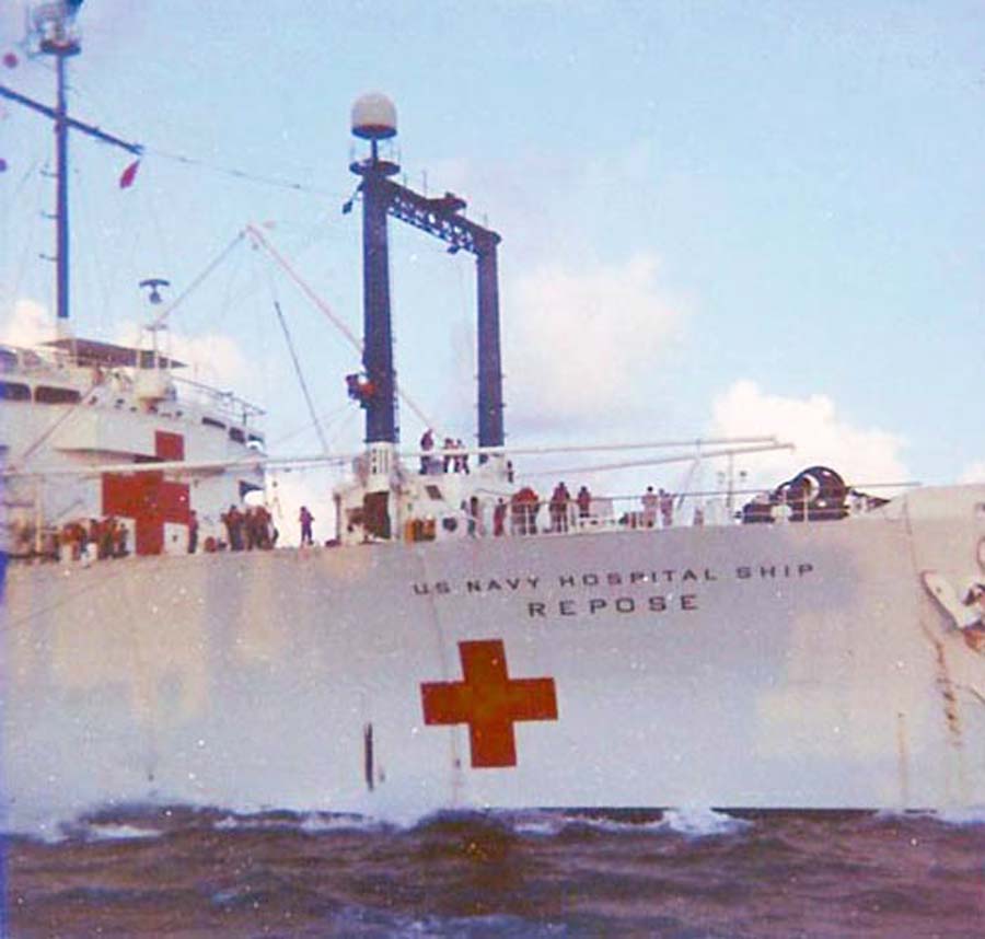 Da Nang Harbor. USS Repose, hospital ship, Up Anchor.
