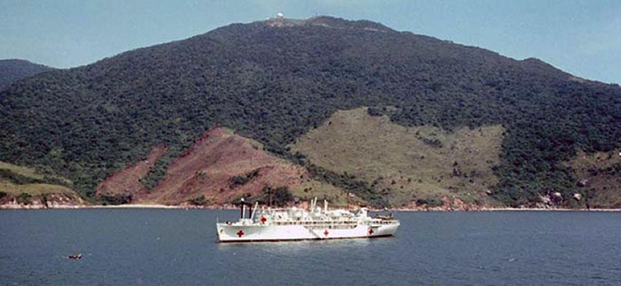 Da Nang Harbor. USS Repose, hospital ship, at anchor in harbor awaiting helicopters flying wounded to ship.