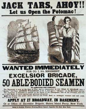 U.S. Civil War posters: Jack Tars, Ahoy!! Wanted Immediately for Co. I, 5th Regiment. 50 Able-Bodied Seamen.