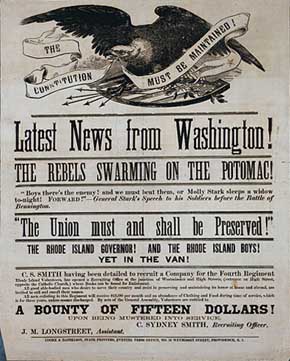 U.S. Civil War posters: The Constitution Must Be Maintained! Latest News from Washington! The Rebels Swarming on the Potomac! The Union must and shall be Preserved. A Bounty of Fifteen Dollars! upon being mustered into service. C. Sydney Smith, Recruiting Officer.