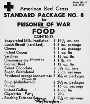 American Red Cross, Standard Package No. 8 for Prisoner of War, Food Contents Menu.