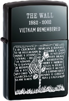 Zippo: (Front) THE WALL, VIETNAM Remembered, 1982-2002.