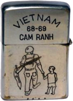 Zippo: (Front) Viet Nam, Cam Ranh 1968-1969 (Photo: soldier and child)