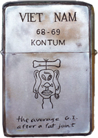 Zippo: (Front) VIET NAM, KONTUM. (Cartoon) The average G.I. after a fat joint. 1968-1969