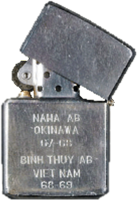 Zippo: (Back) NAHA AB, OKINAWA, 67-68. BINH THUY AB, VIET NAM, 1968-1969