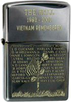 Zippo: (Front) THE WALL, VIETNAM Remembered, 1982-2002.