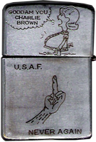 Zippo: (Front) Frank Lewicki, Goddam You Charlie Brown, U.S.A.F. Never Again. 1967-1968