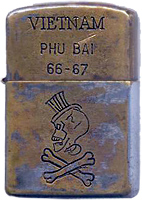 Zippo: (Front) Jeroen Geel, Phu Bai SVN, USMC 1966-1967. Hat with Skull and Cross-bones.