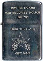 Zippo: (Front) SGT DE EVANS, 632nd Security Police Squadron, 69-70 , Binh Thuy AB, (Crossed Pistols), VIET NAM, 1969-1970