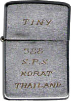 Zippo: (Front) TINY, 388th SPS, Korat, Thailand, Worthen, David R. (Trashcan), Biên Hòa AB, 3rd SPS; Korat RTAFB, 388th SPS, 1969-1970; 1972-1973