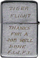 Zippo: (Back) TIGER FLIGHT, Thanks for a Job Well Done, F.I.J.F.I. (F-it, Just F-it), Worthen, David R. (Trashcan), Biên Hòa AB, 3rd SPS; Korat RTAFB, 388th SPS, 1969-1970; 1972-1973