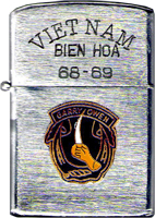 Zippo: (Front) submitted by, Robert Lodge, VIETNAM, BINH HOA, GARRY OWEN, 1968-1969