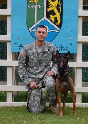 Staff Sgt James R. Ide (KIA) and bomb-sniffing dog Ddaphne (PTSD). Aug 2010.